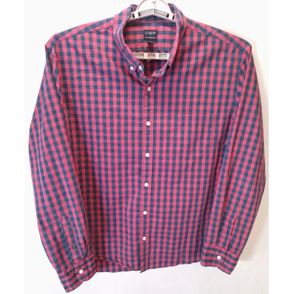 J. Crew Slim Untucked Button Down Men's Performance Shirt, XXL, Blue Pink Checks